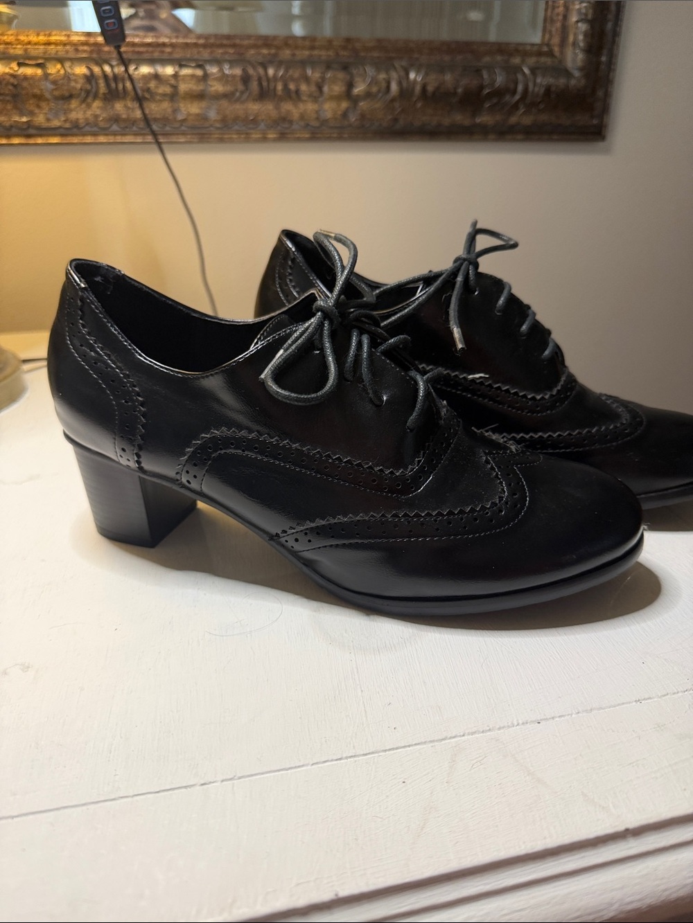 Classic Black Lace-Up Brogue Block Heel Shoes for Women